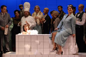 „Wie peinlich“: Die legendäre Badewannenszene aus Paul Hindemiths Revue-Oper „Neues vom Tage“ in der aktuellen Nordhäuser Inszenierung von Kerstin Weiß mit Sabine Blanchard (Laura), Anja Daniela Wagner (Frau M.) und dem Opernchor. Foto: Roland Obst