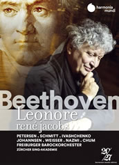 Ludwig van Beethoven, „Leonore 1805“. Mit Marlis Petersen, Maximilian Schmitt, Dimitry Ivashchenko, Robin Johannsen, Johannes Weisser, Tareq Nazmi, Johannes Chum u.a., Züricher Singakademie, Freiburger Barockorchester, René Jacobs. Buch mit 2 CDs. Harmonia mundi HMM 902414-15