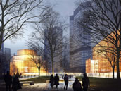 So könnten Oper und Schauspiel am Willy-Brandt-Platz in Frankfurt in Zukunft aussehen. Abb.: gmp-Architekten