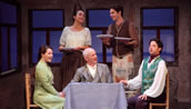 François Auguste Gevaert, „Le diable au moulin“, Opera comique, von links mit Elisabeth Zeiler, Sarah-Léna Winterberg, Stephan Hönig, Gabriel Goebel, Karol Bettley. Foto: Neuburger Kammeroper